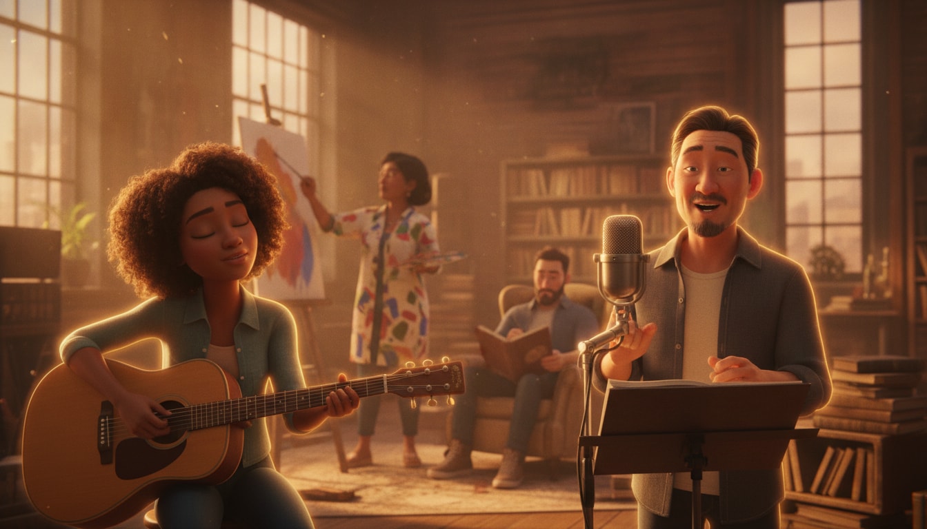 Artists — a musician, voice actor, painter, and writer — creating together in a warm studio